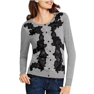 CABI Thin Gray & Black Lace Applique Cardigan Sweater ~ Women's Size SMALL
